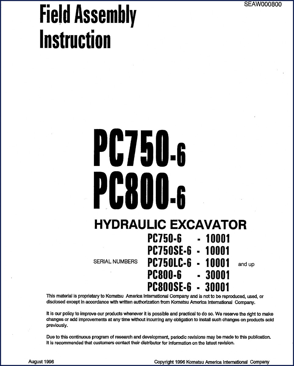 Komatsu PC750-6 1996 Installation Manual cover – OEM factory assembly instruction PDF