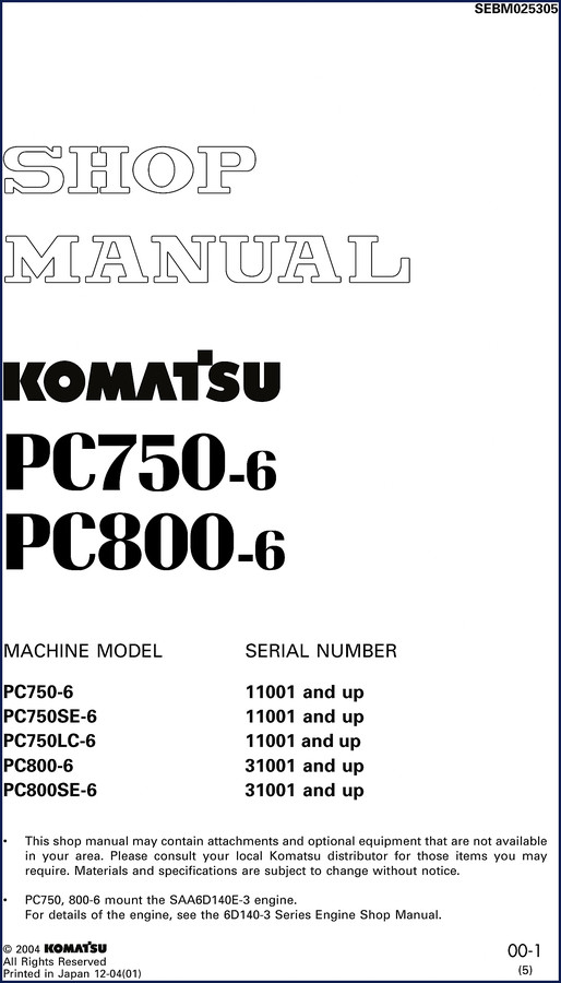 Komatsu PC750-6 PC800-6 2000 Workshop Manual cover