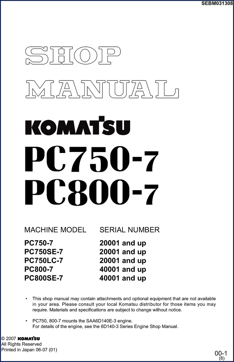 Komatsu PC750-7 PC800-7 2007 Workshop Manual cover page