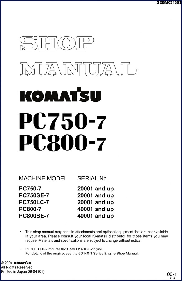 2004 Komatsu PC750-7 PC800-7 workshop manual cover