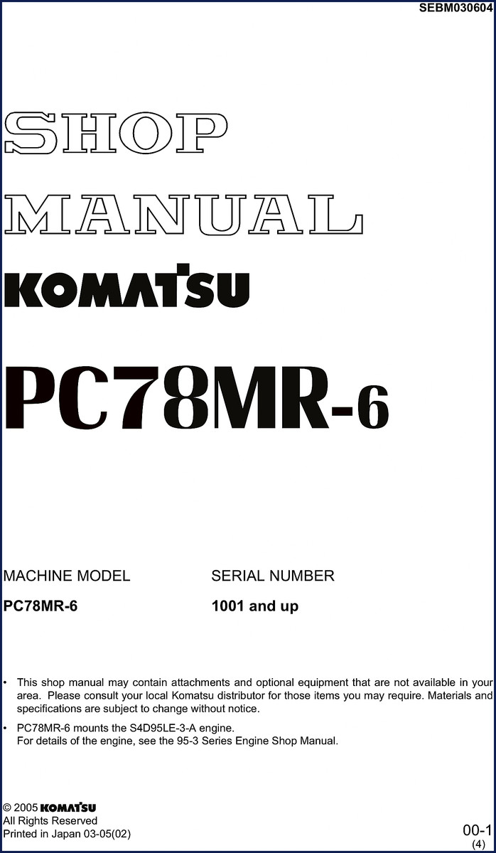 Komatsu PC78MR-6 2005 Workshop Manual cover - factory OEM documentation