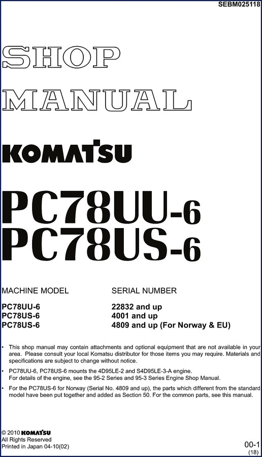 Komatsu PC78UU-6 Service Manual cover – OEM factory document for hydraulic excavator