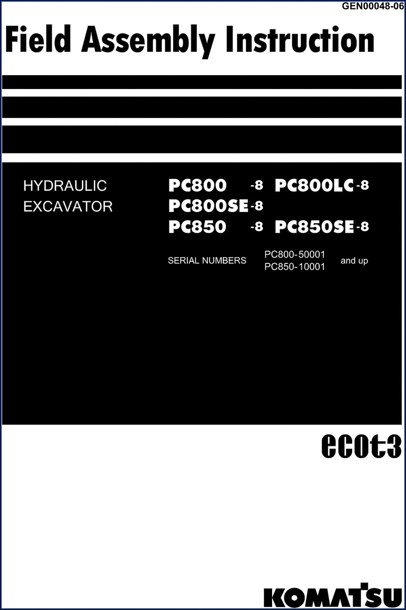 Komatsu PC800-8 Installation Manual front cover showing excavator and ECOT3 branding