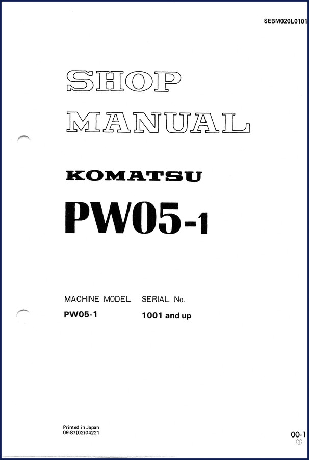 Komatsu PW05-1 1987 Workshop Manual cover - OEM shop manual 136 pages