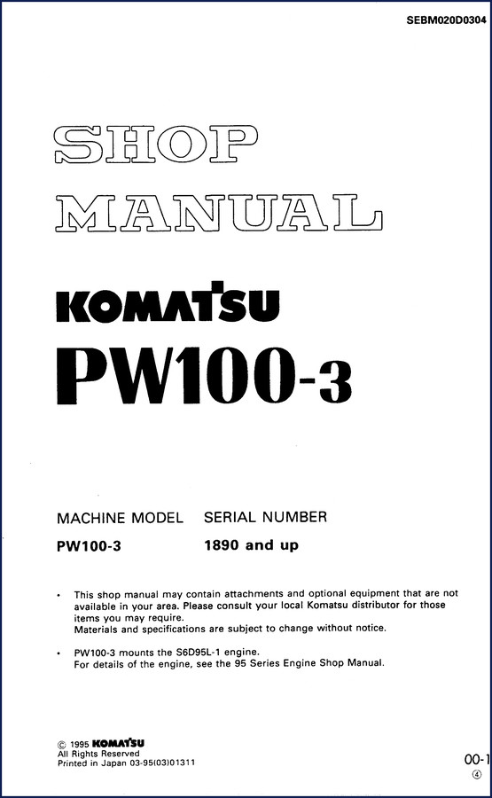 Komatsu PW100-3 1995 Service Manual cover - 447 pages OEM shop manual