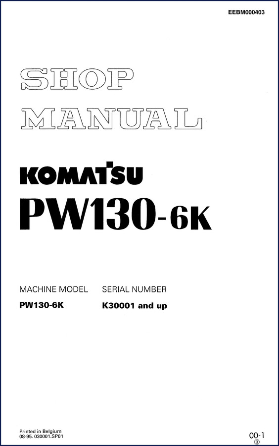1995 Komatsu PW130-6K Workshop Manual cover showing machine illustration and model number