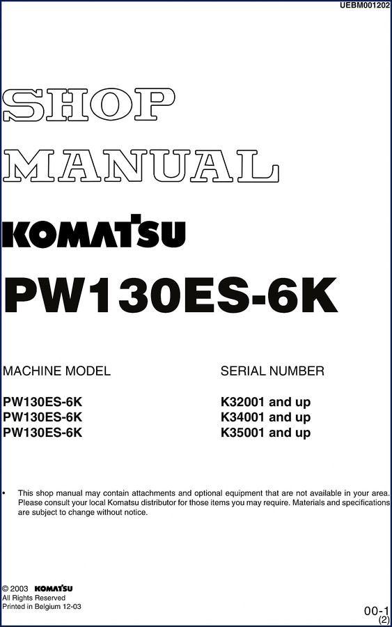 Komatsu PW130ES-6K 2003 Service Manual cover showing excavator and OEM branding