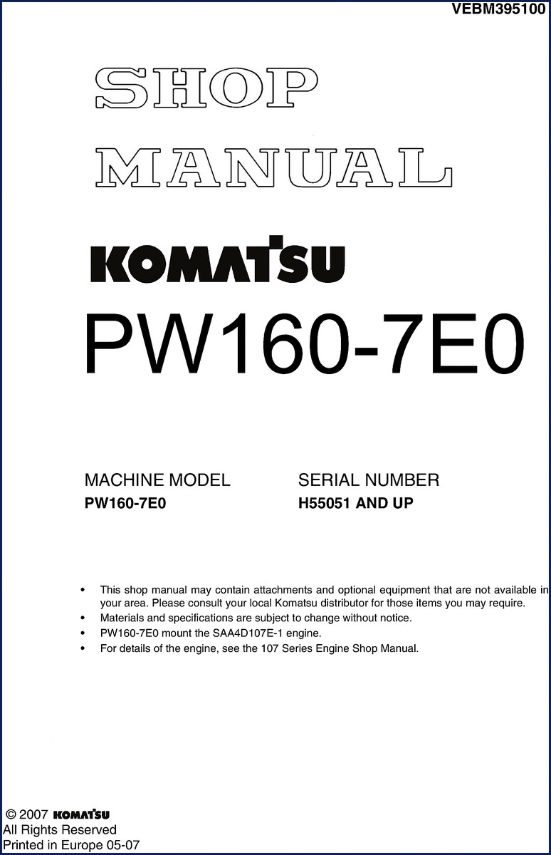 Komatsu PW160-7E0 2007 Workshop Manual cover - 1140 pages OEM factory document