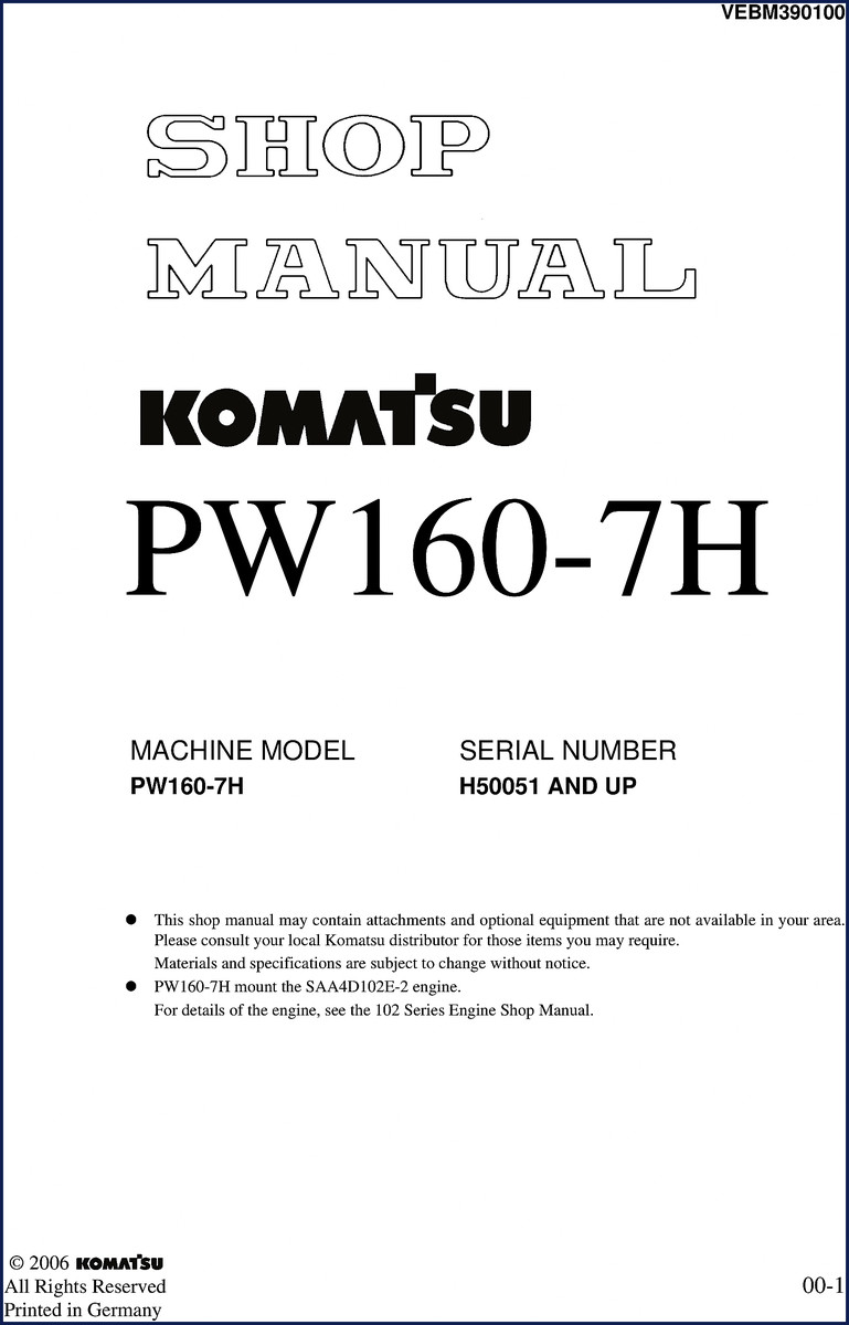 Komatsu PW160-7H 2006 Workshop Manual – 956-page OEM factory shop manual cover