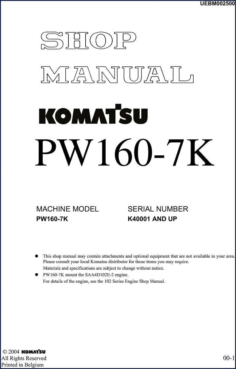 Komatsu PW160-7K 2004 Workshop Manual cover – 890-page OEM publication