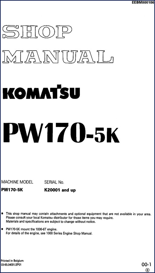 Cover of the Komatsu PW170-5K 1995 Workshop Manual showing machine and serial number K20001 and up