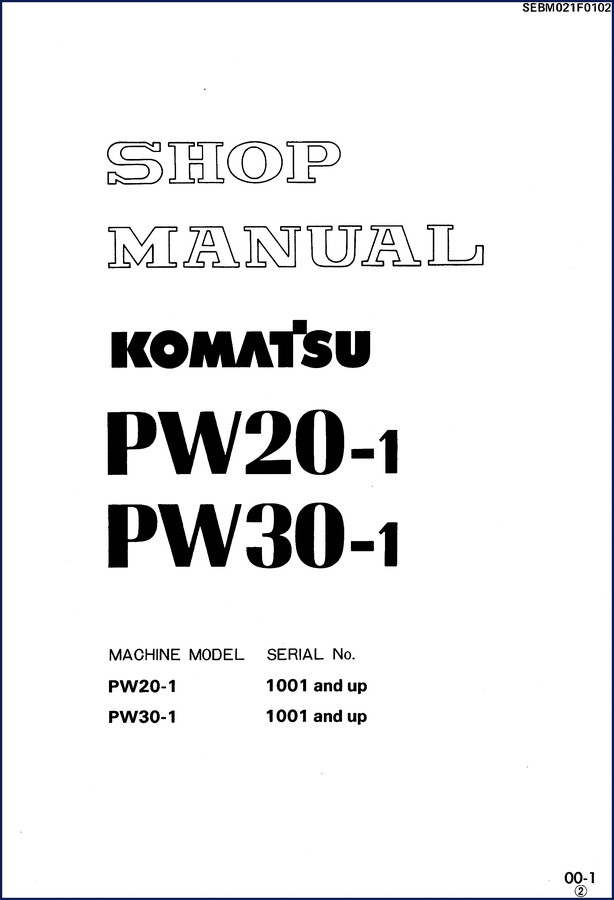 Komatsu PW20-1 and PW30-1 workshop manual cover showing serial numbers 1001 and up