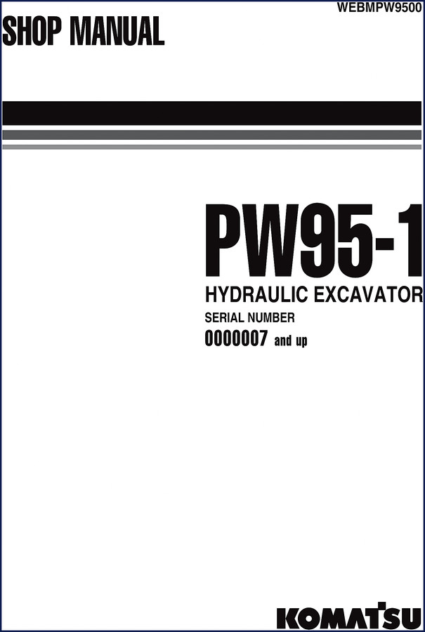 Komatsu PW95 Workshop Manual cover page showing hydraulic excavator and factory shop manual designation
