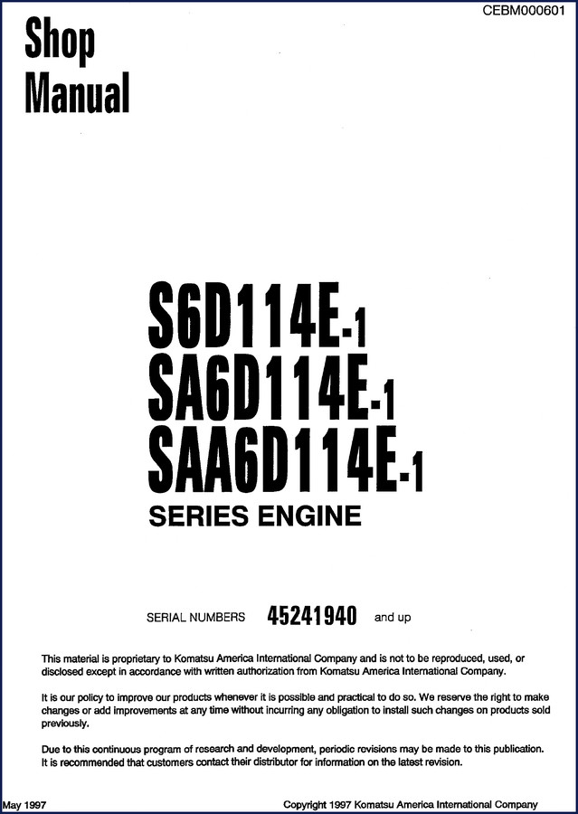 Komatsu S6D114E-1 engine service manual cover 1997 975 pages