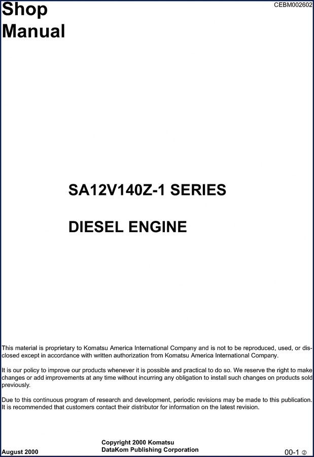 Komatsu SA12V140Z-1 SERIES 2000 Service Manual cover page showing engine diagram and part number CEBM002602