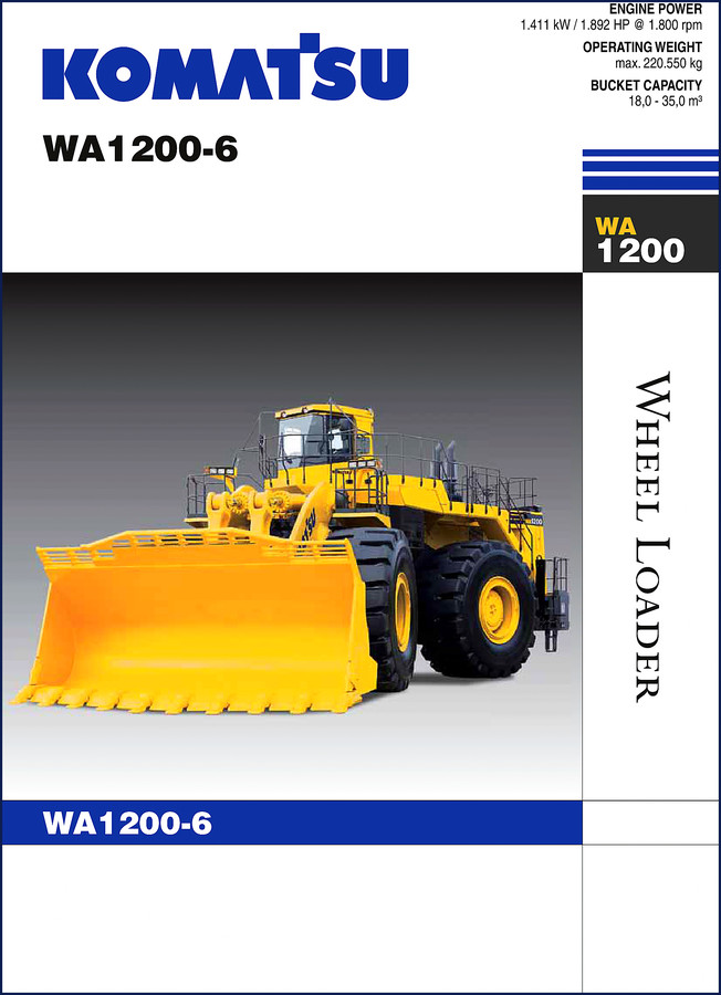 Komatsu WA1200-6 Technical Manual cover page showing wheel loader and engine specs