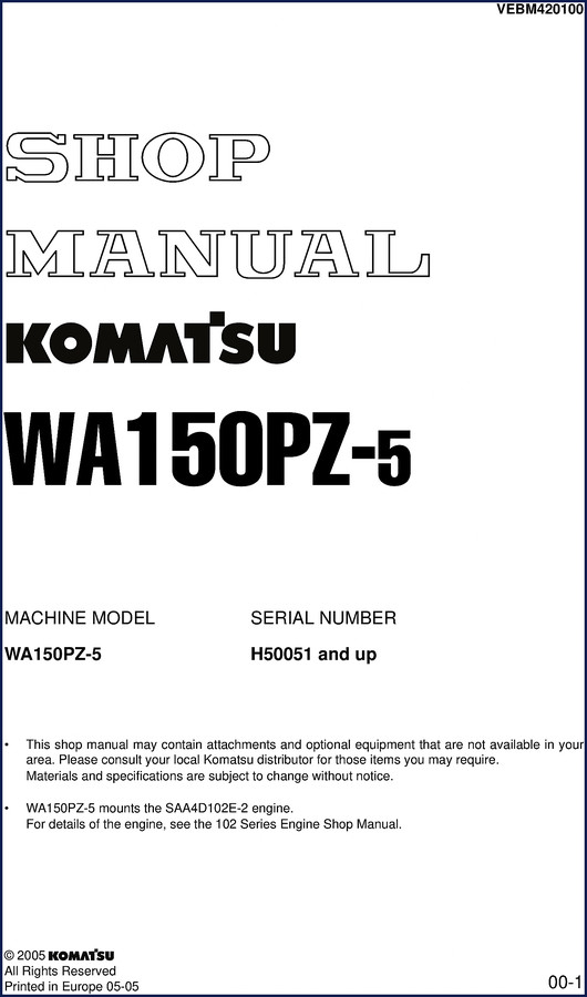 Komatsu WA150PZ-5 2005 workshop manual cover showing loader and model designation