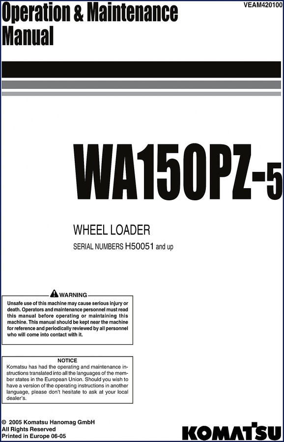 Komatsu WA150PZ-5 2005 Operators Manual cover - factory OEM document