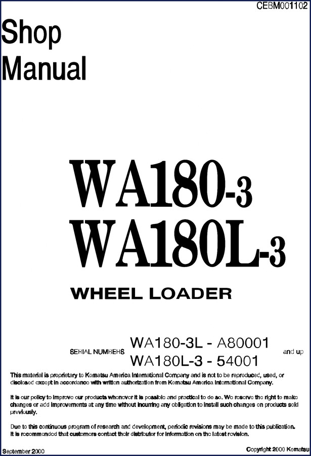 Komatsu WA180-3 WA180L-3 2000 Workshop Manual cover page showing wheel loader and factory specs