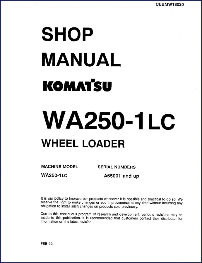 Komatsu WA250-1LC 1992 Workshop Manual – OEM factory service manual cover