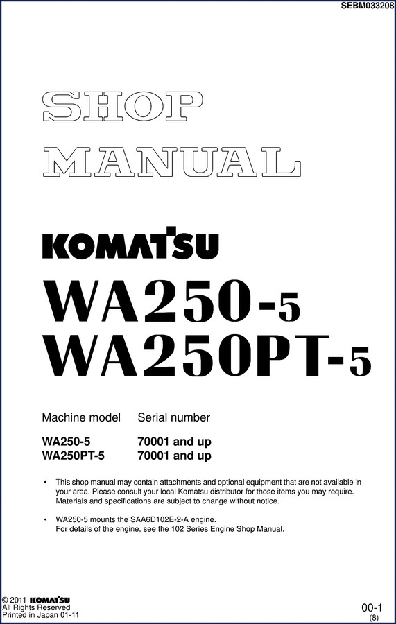 Komatsu WA250-5 WA250PT-5 2011 Workshop Manual cover