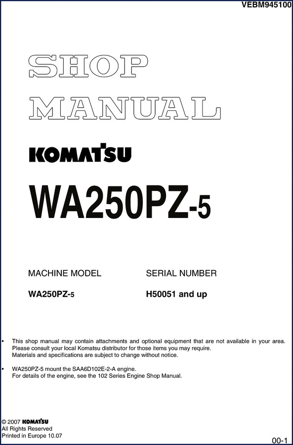 Komatsu WA250PZ-5 2007 Workshop Manual cover page showing model and serial number range
