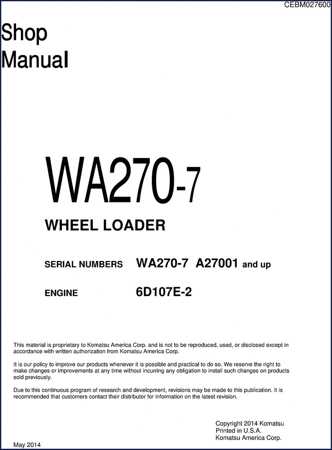 Komatsu WA270-7 Service Manual cover – 2056-page OEM shop manual for wheel loader