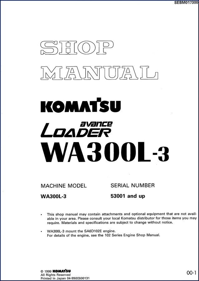 Komatsu WA300L-3 1999 Workshop Manual cover page showing loader diagram and model number