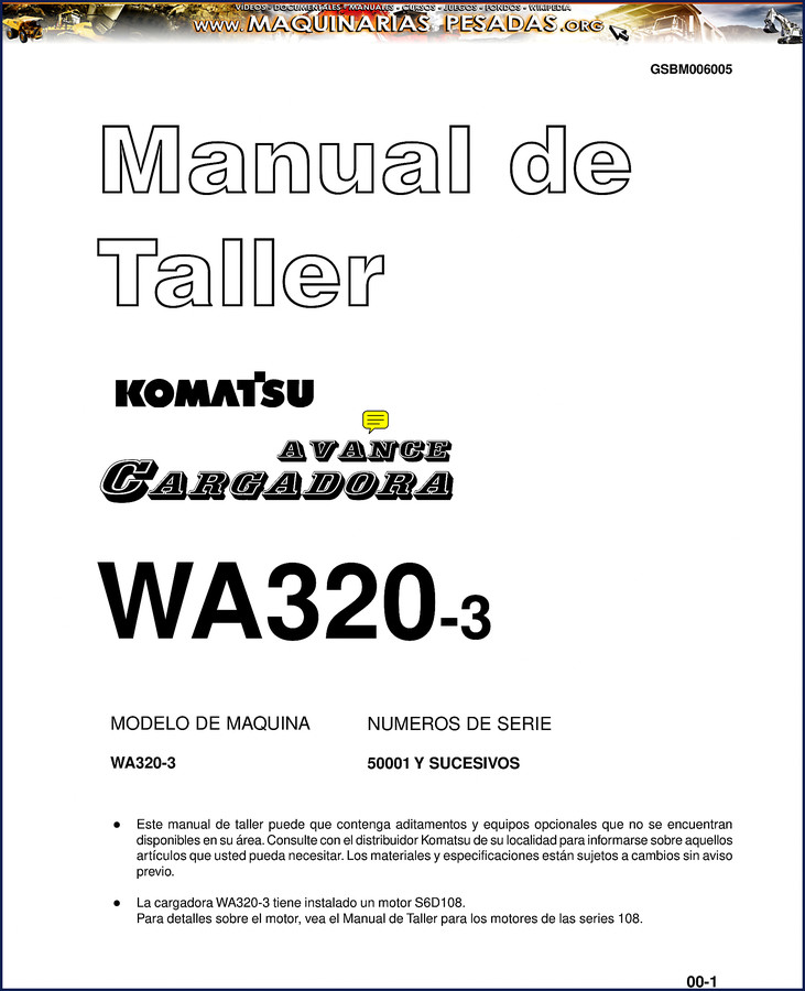 Komatsu WA320-3 Workshop Manual cover – 852 pages factory service manual for wheel loader
