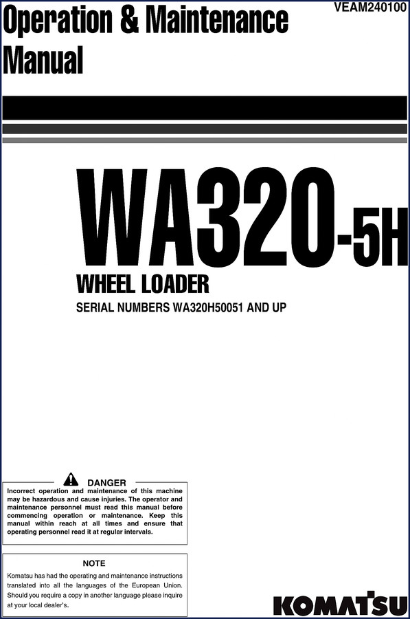 Komatsu WA320-5H OEM Operators Manual cover page showing wheel loader and safety decals