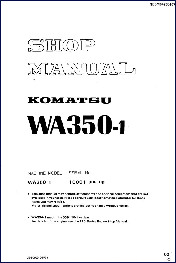 Komatsu WA350-1 Workshop Manual cover - 781 pages OEM factory service manual for S6D110-1 engine