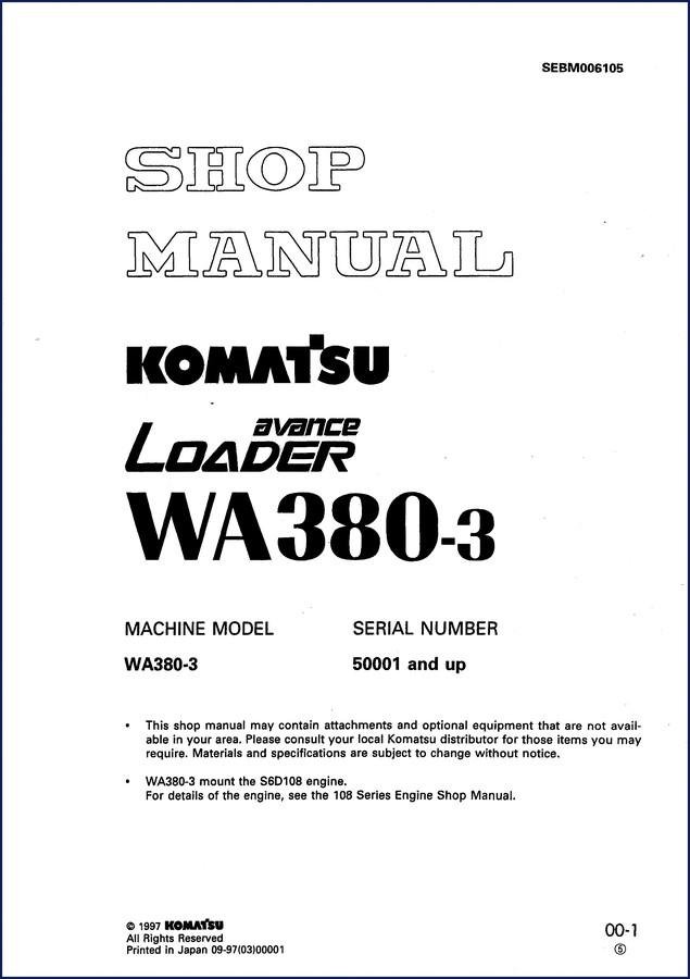 Komatsu WA380-3 1997 Workshop Manual cover showing loader and shop manual title