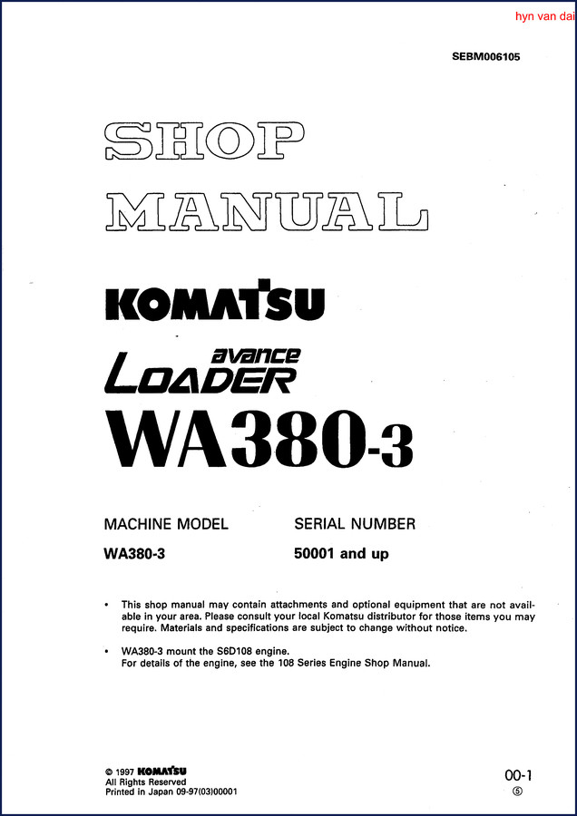 Komatsu WA380-3 1997 Workshop Manual cover showing wheel loader and factory repair instructions