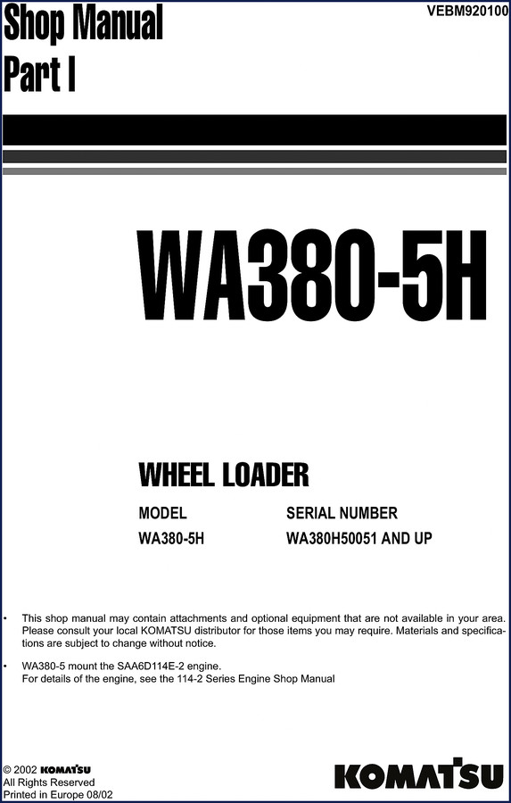 Original 2002 Komatsu WA380-5H Wheel Loader Workshop Manual Cover