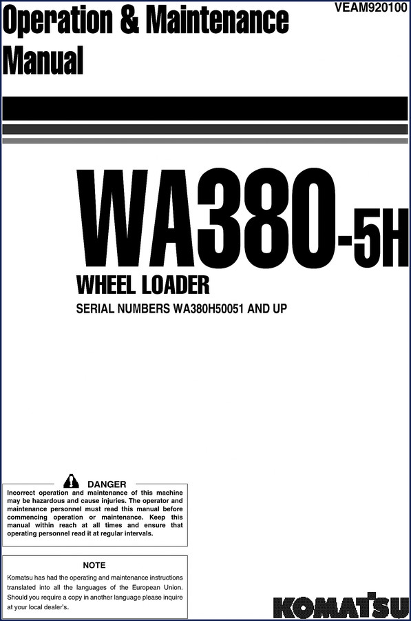 Komatsu WA380-5H Wheel Loader Service Manual cover 299 pages OEM factory documentation