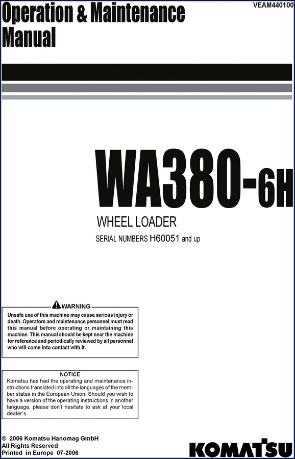 Komatsu WA380-6H 2006 Operators Manual cover page