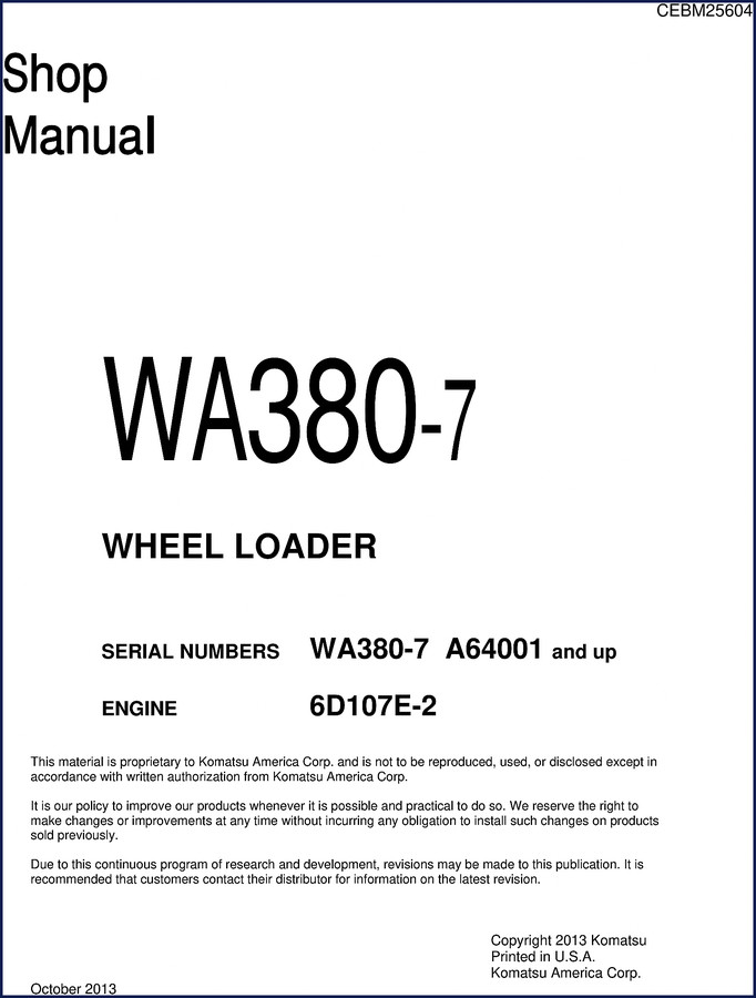 Komatsu WA380-7 2013 Workshop Manual cover image