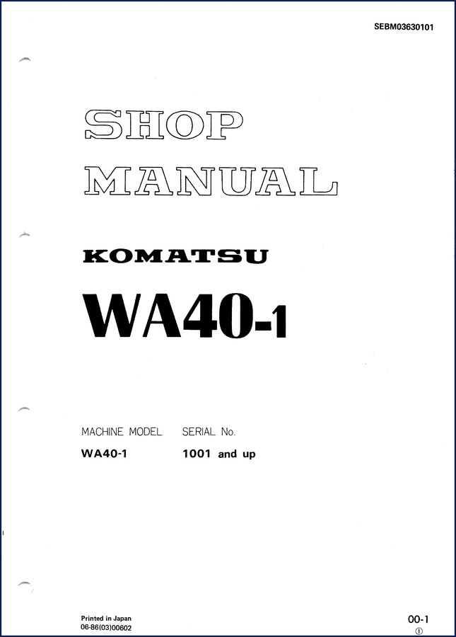 Komatsu WA40-1 Workshop Manual 1986 cover page showing machine model and serial number