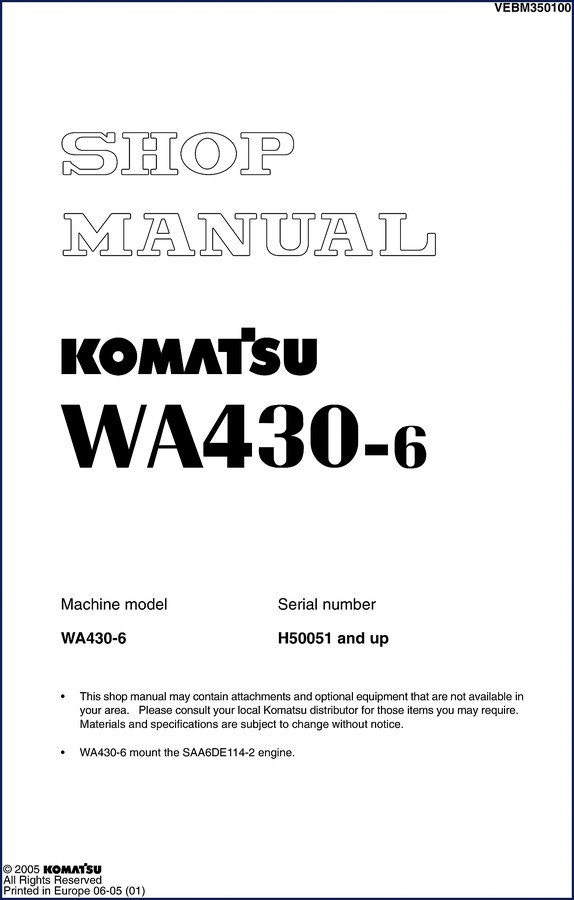 Komatsu WA430-6 2005 Workshop Manual – factory shop manual cover with wheel loader illustration
