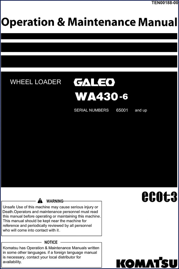 Komatsu WA430-6 Service Manual cover page showing safety labels and foreword section