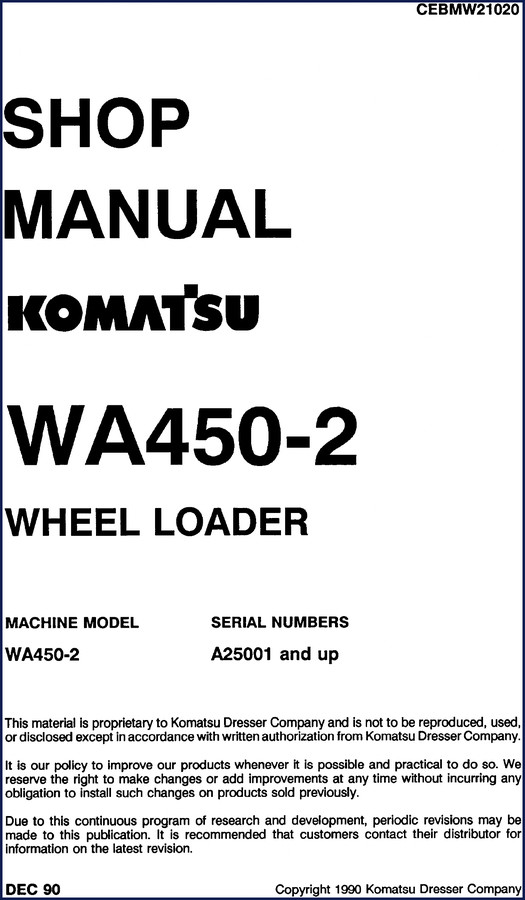 Page 1 of the Komatsu WA450-2 1990 Service Manual front cover showing CEBMW21020 shop manual