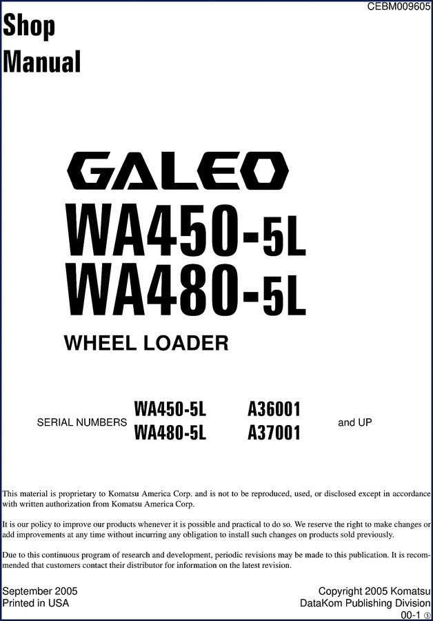 Komatsu WA450-5L WA480-5L 2005 Workshop Manual front cover