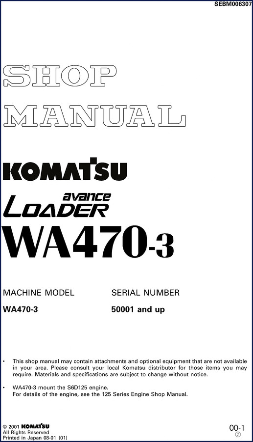 Komatsu WA470-3 2001 Workshop Manual cover showing loader model and manual title