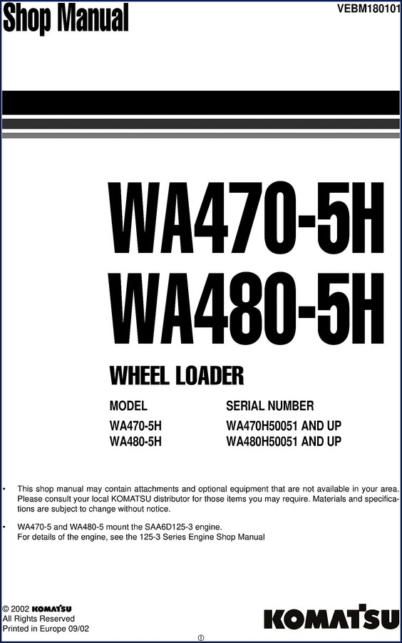 Komatsu WA470-5H WA480-5H 2002 Workshop Manual cover page