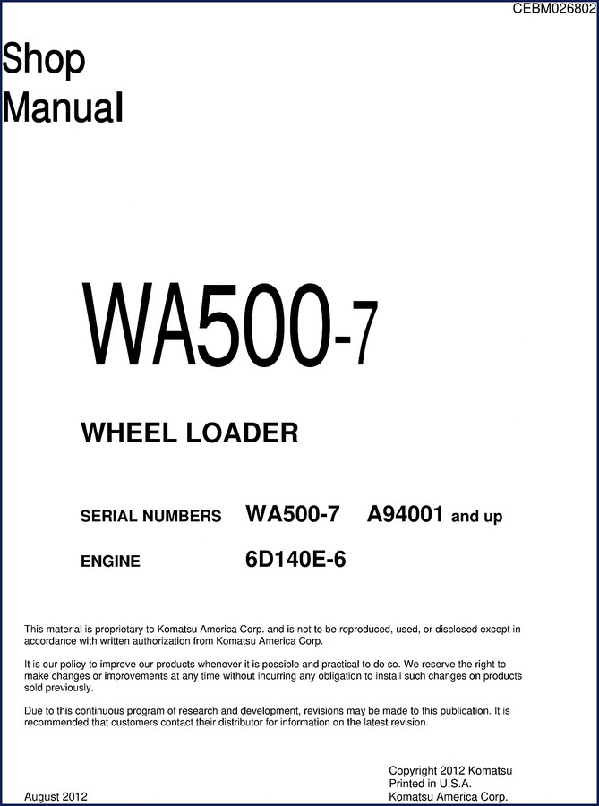 Komatsu WA500-7 Parts Catalog document cover showing wheel loader and OEM part numbers