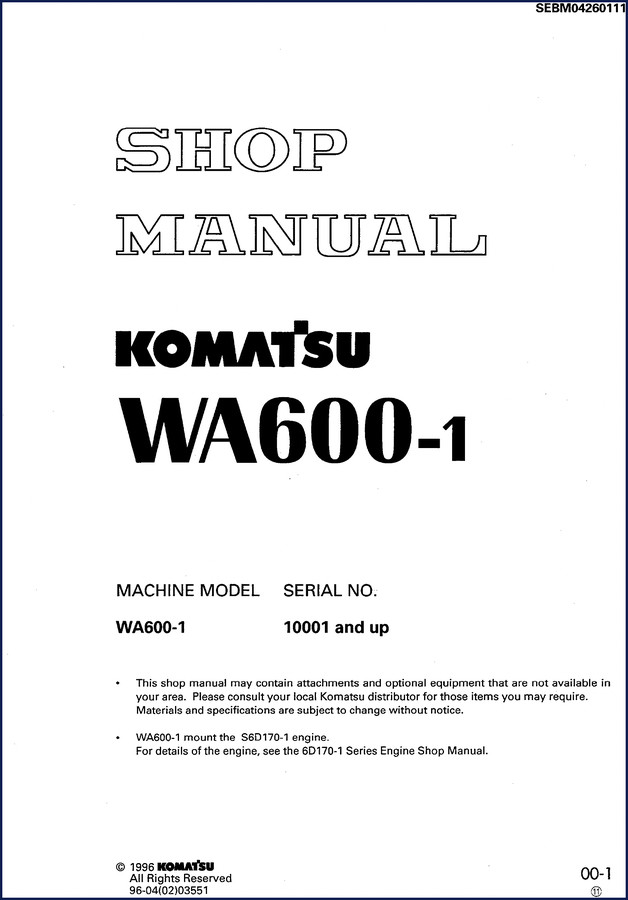 Komatsu WA600-1 1996 Workshop Manual cover showing loader and engine specs