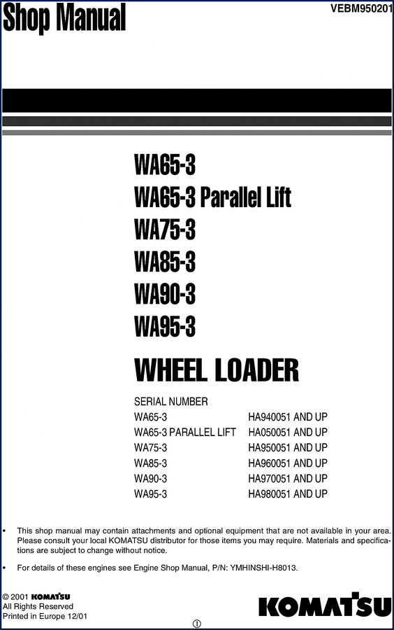 Komatsu WA65-3 WA75-3 WA85-3 WA90-3 WA95-3 2001 Workshop Manual cover