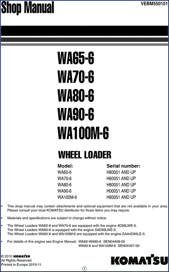 Komatsu WA65-6 workshop manual cover – 2010 OEM factory document