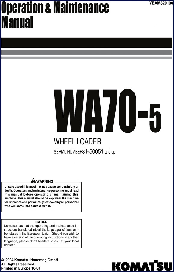 Komatsu WA70-5 2004 OEM Operators Manual cover