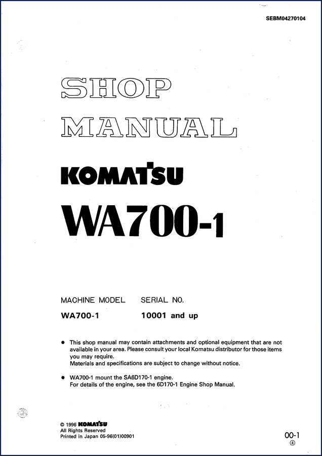 Komatsu WA700-1 1996 Workshop Manual cover page showing machine model and serial number range 10001 and up